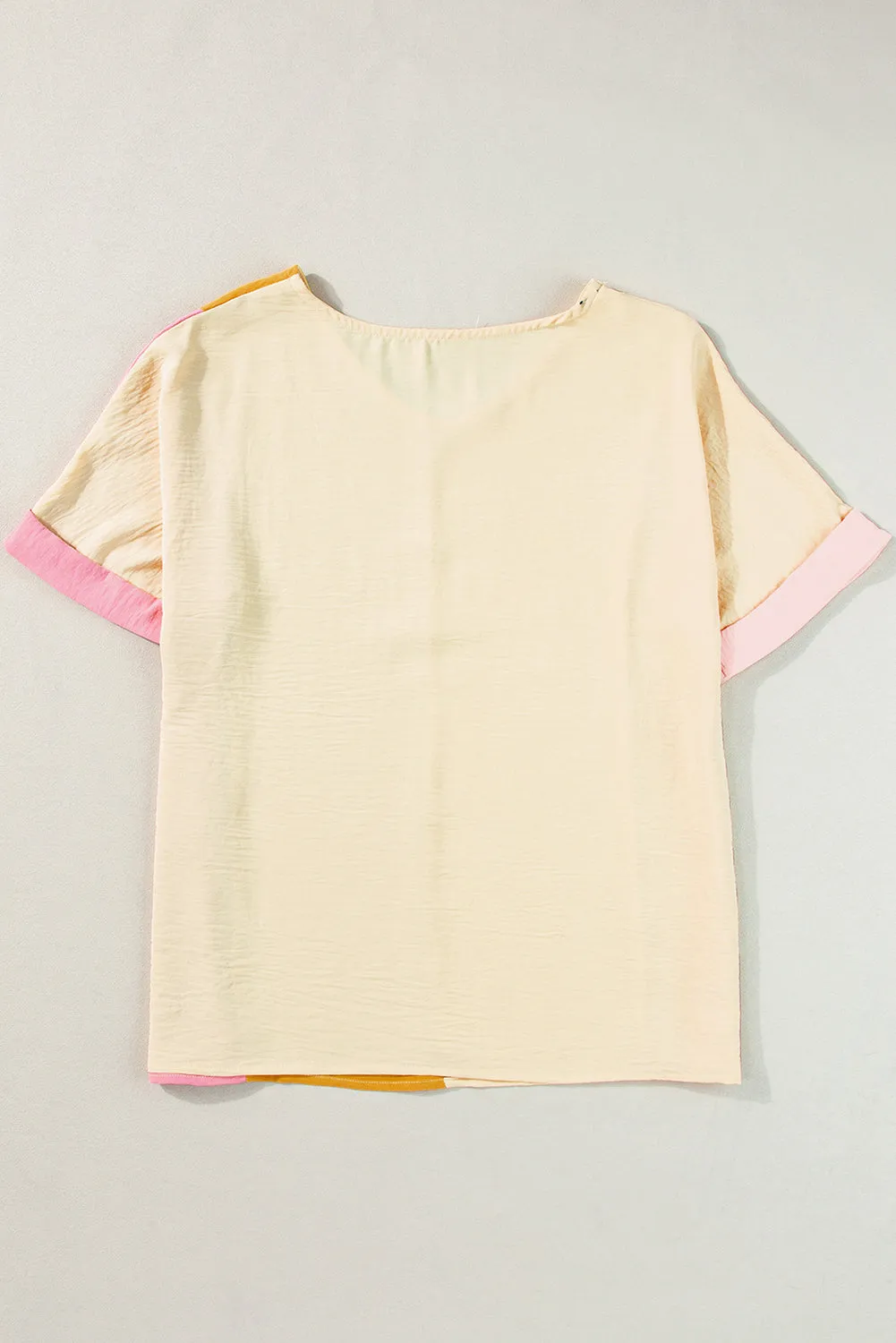 Apricot Crinkled Colorblock Patchwork V Neck T Shirt