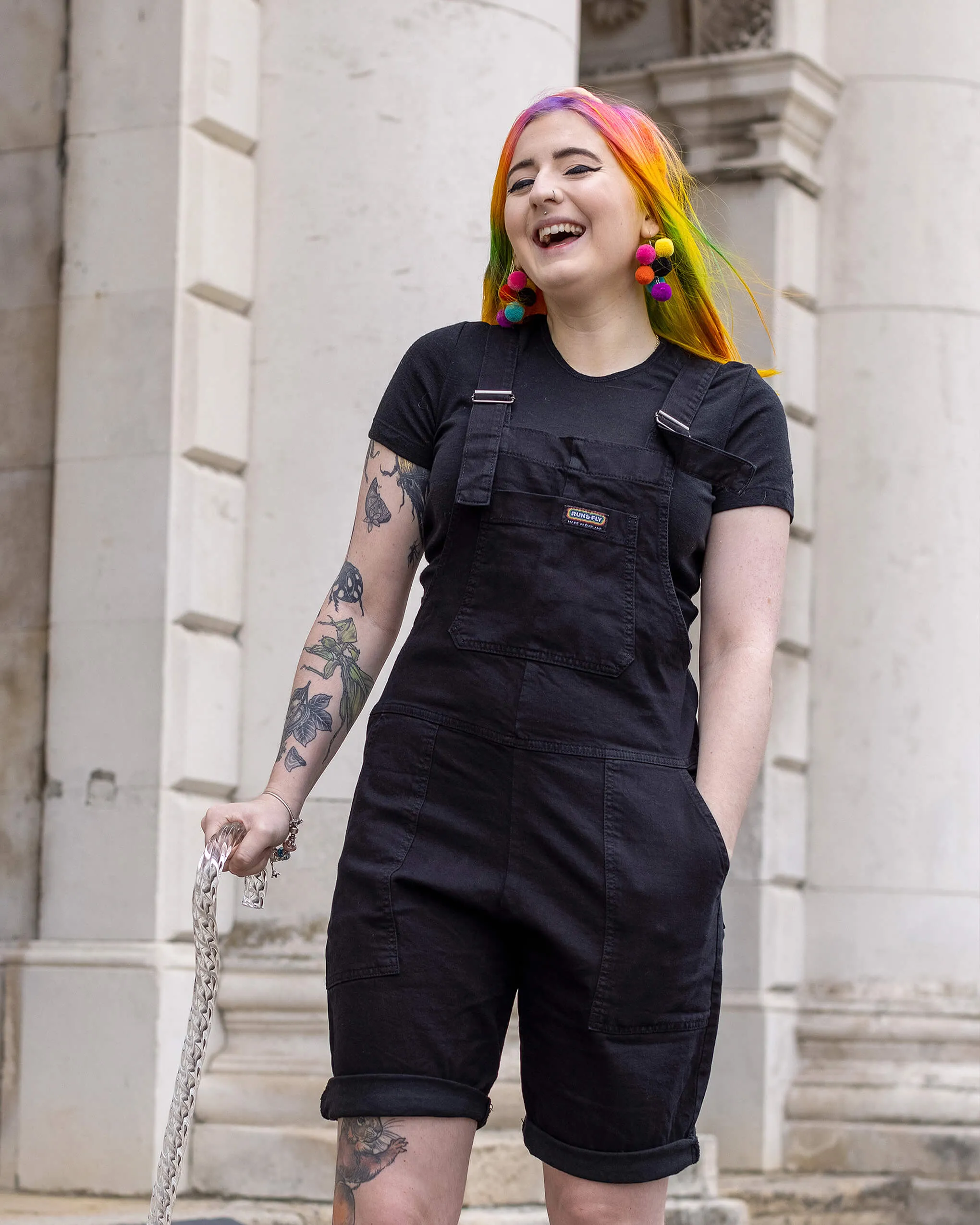 Black Denim Stretch Dungaree Shorts