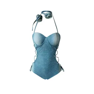 Blue Padded Denim Monokini - One Piece Swimsuit By Sinderella