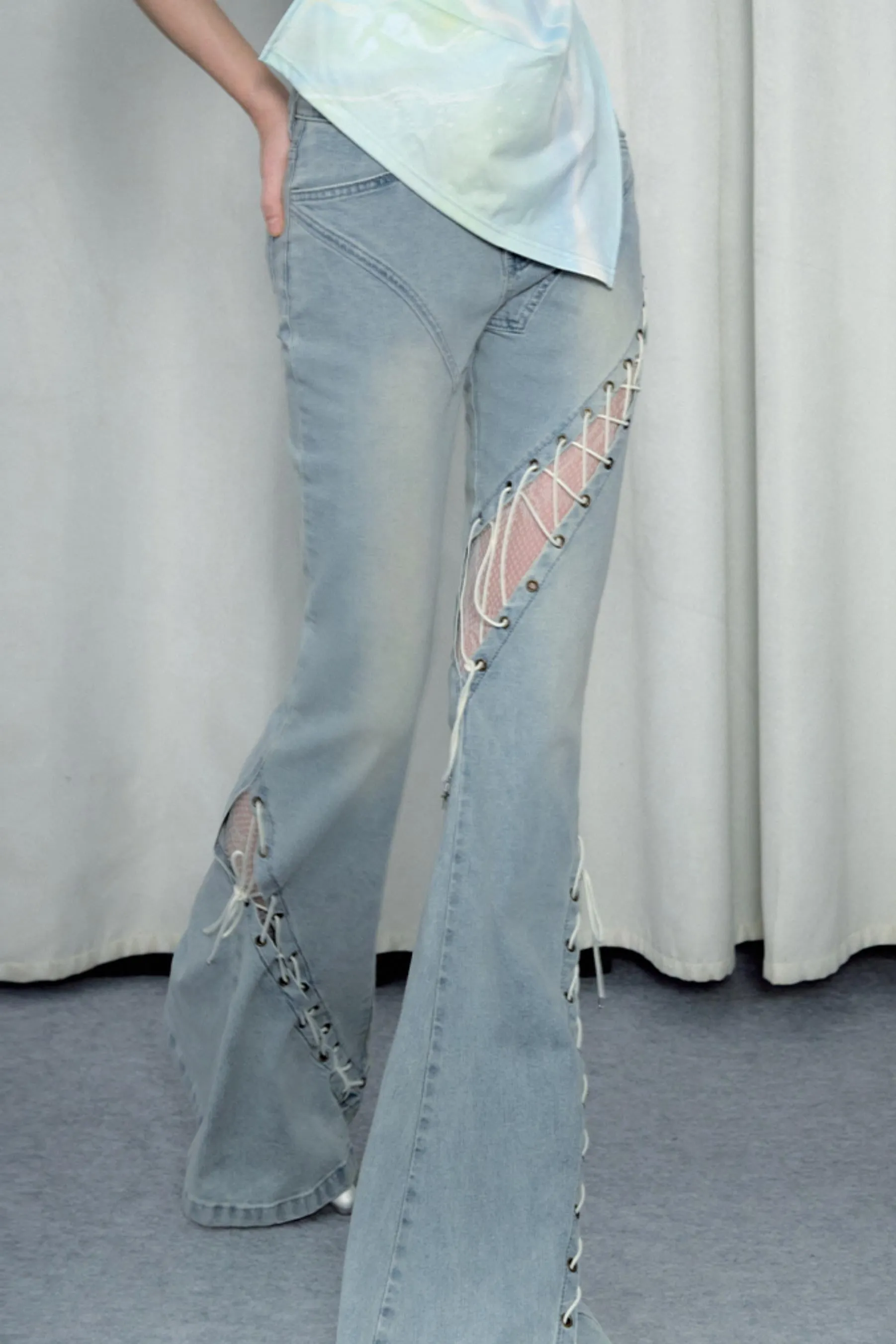 Bohemian Lace-Up Flare Jeans