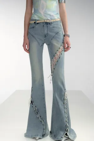 Bohemian Lace-Up Flare Jeans