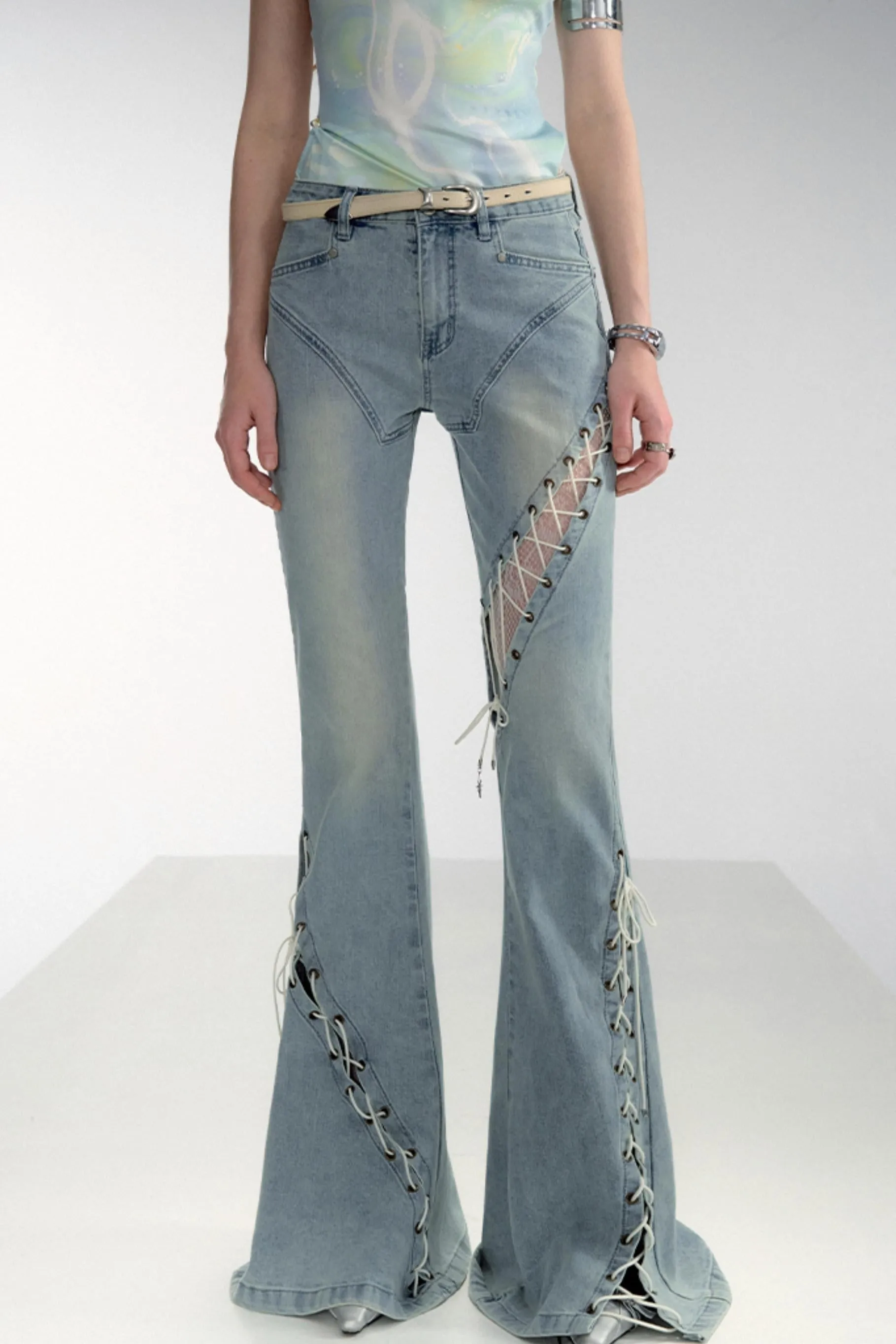 Bohemian Lace-Up Flare Jeans