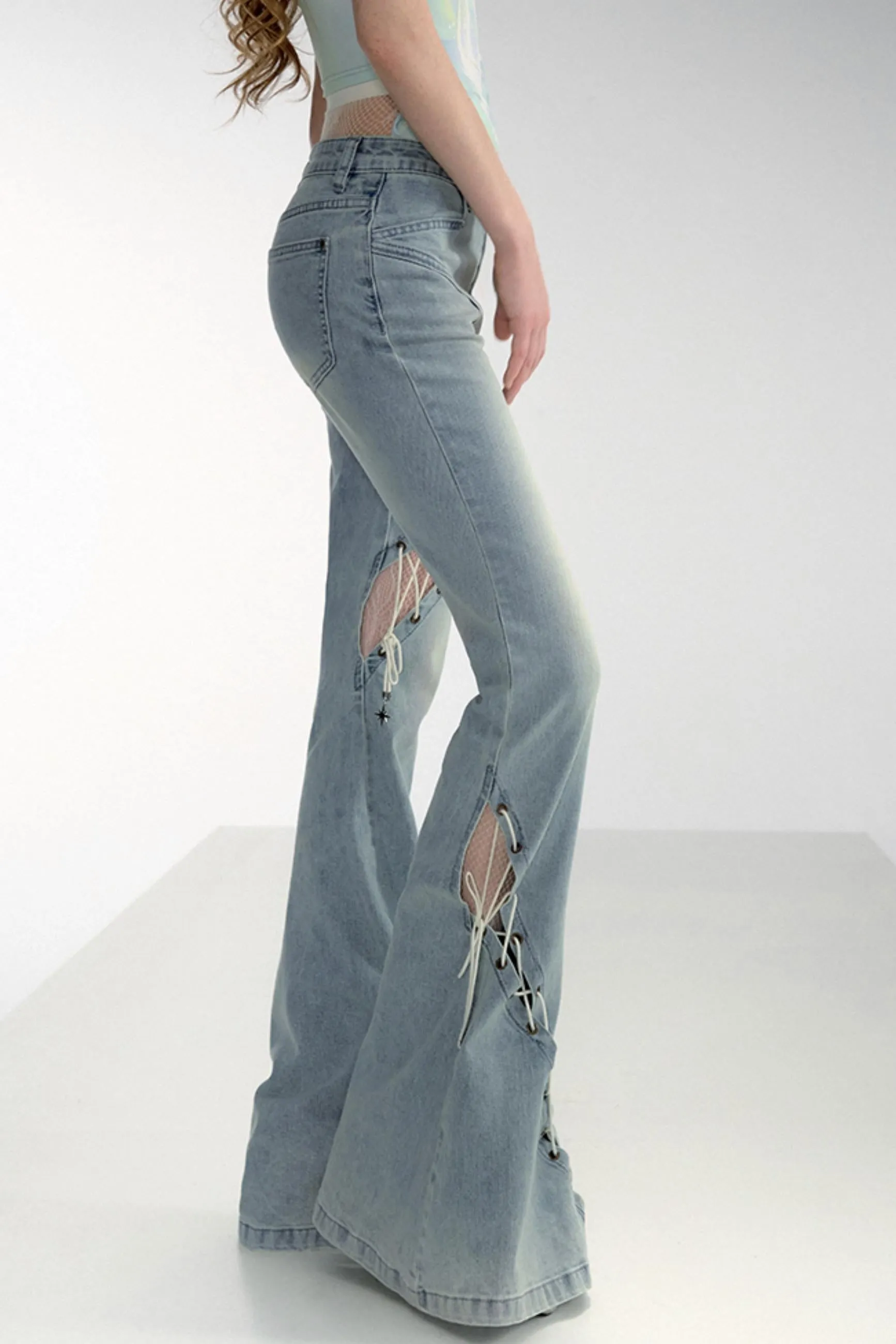 Bohemian Lace-Up Flare Jeans