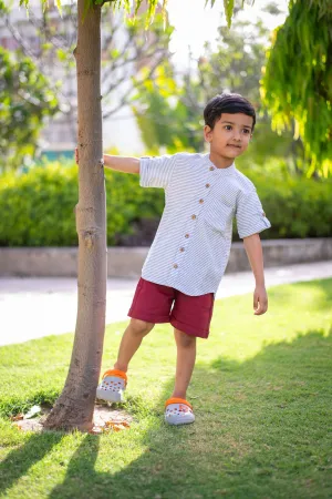 Boys Pure Cotton Clothing Set - Black Striped Half Sleeve Shirt & Maroon Shorts