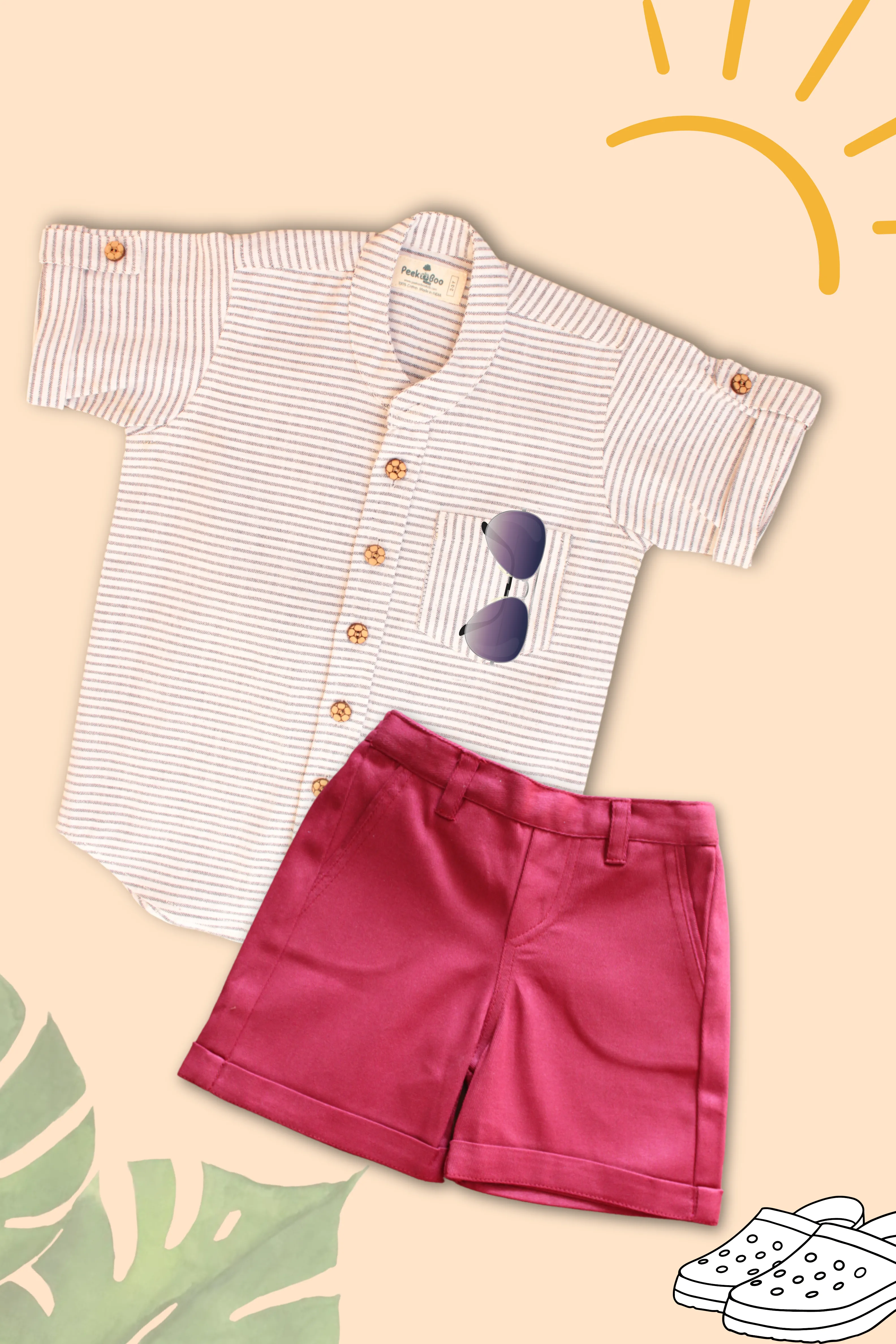 Boys Pure Cotton Clothing Set - Black Striped Half Sleeve Shirt & Maroon Shorts