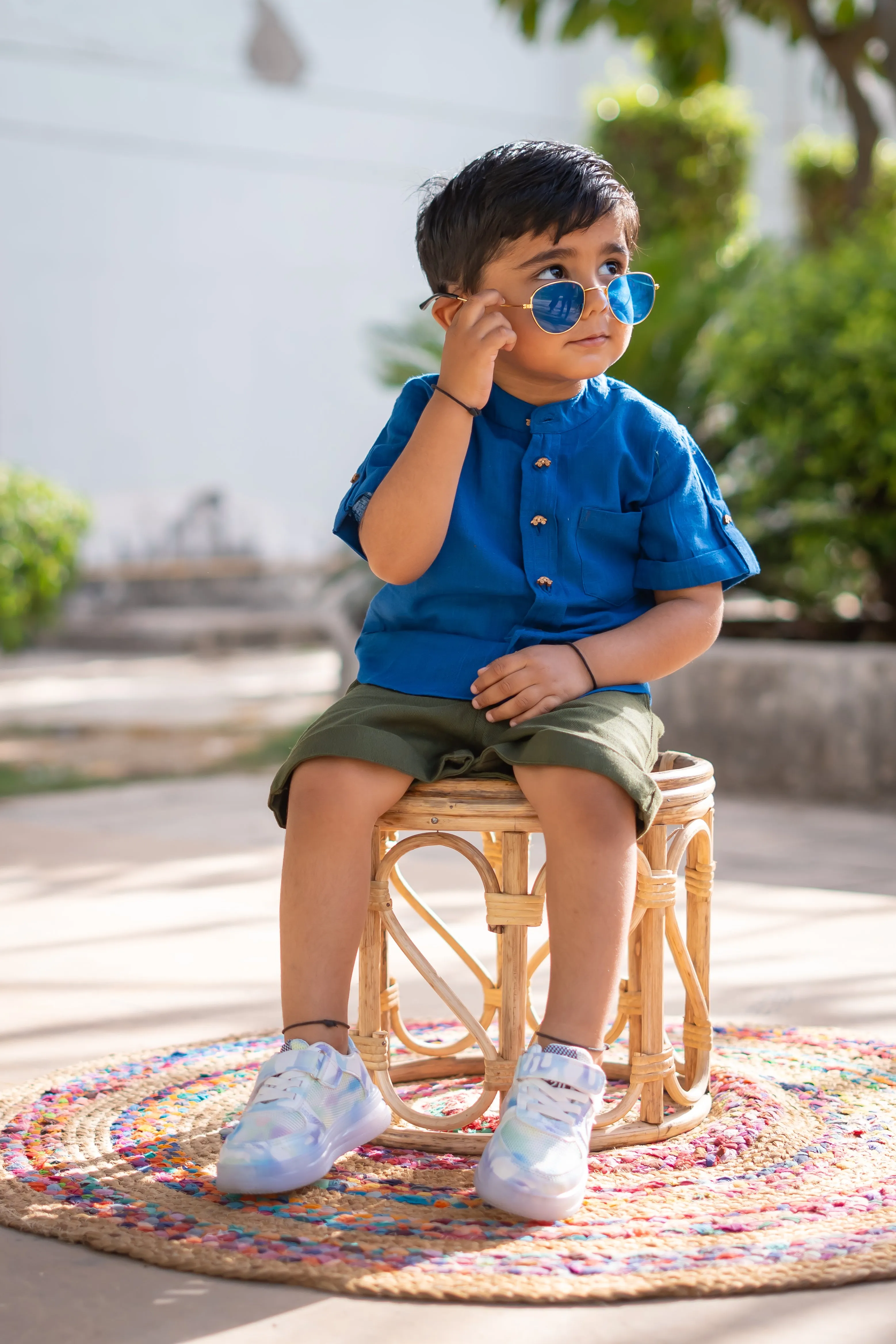 Boys Pure Cotton Clothing Set - Blue Half Sleeve Shirt & Shorts