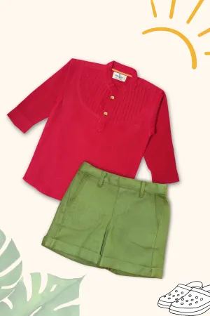 Boys Pure Cotton Clothing Set - Red Pintuck Shirt & Shorts