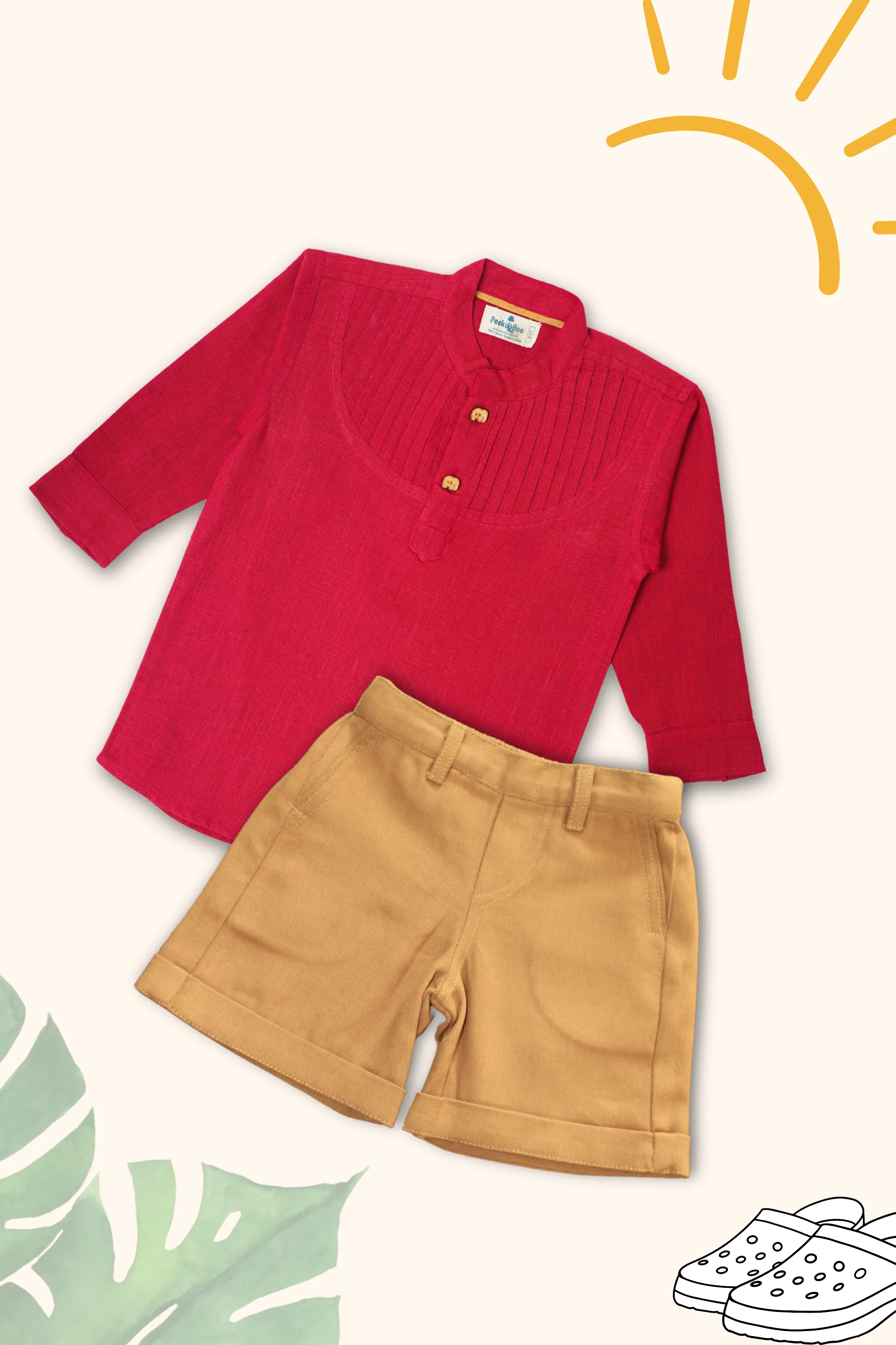 Boys Pure Cotton Clothing Set - Red Pintuck Shirt & Shorts