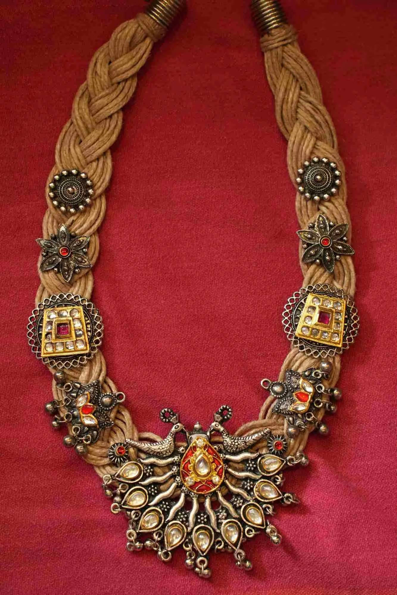 Brass and Jute Oxidised Silver Kundan-Studded Divine Motif Crochet Necklace