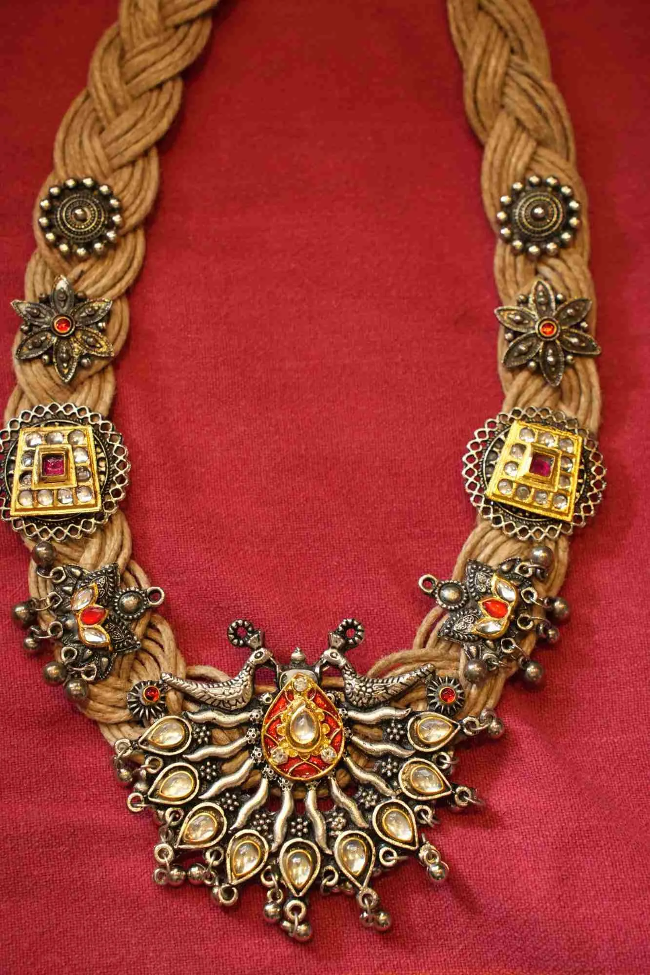 Brass and Jute Oxidised Silver Kundan-Studded Divine Motif Crochet Necklace