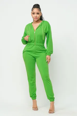 Classic Green French Terry Cropped Zip-up Hoodie Jogger Set