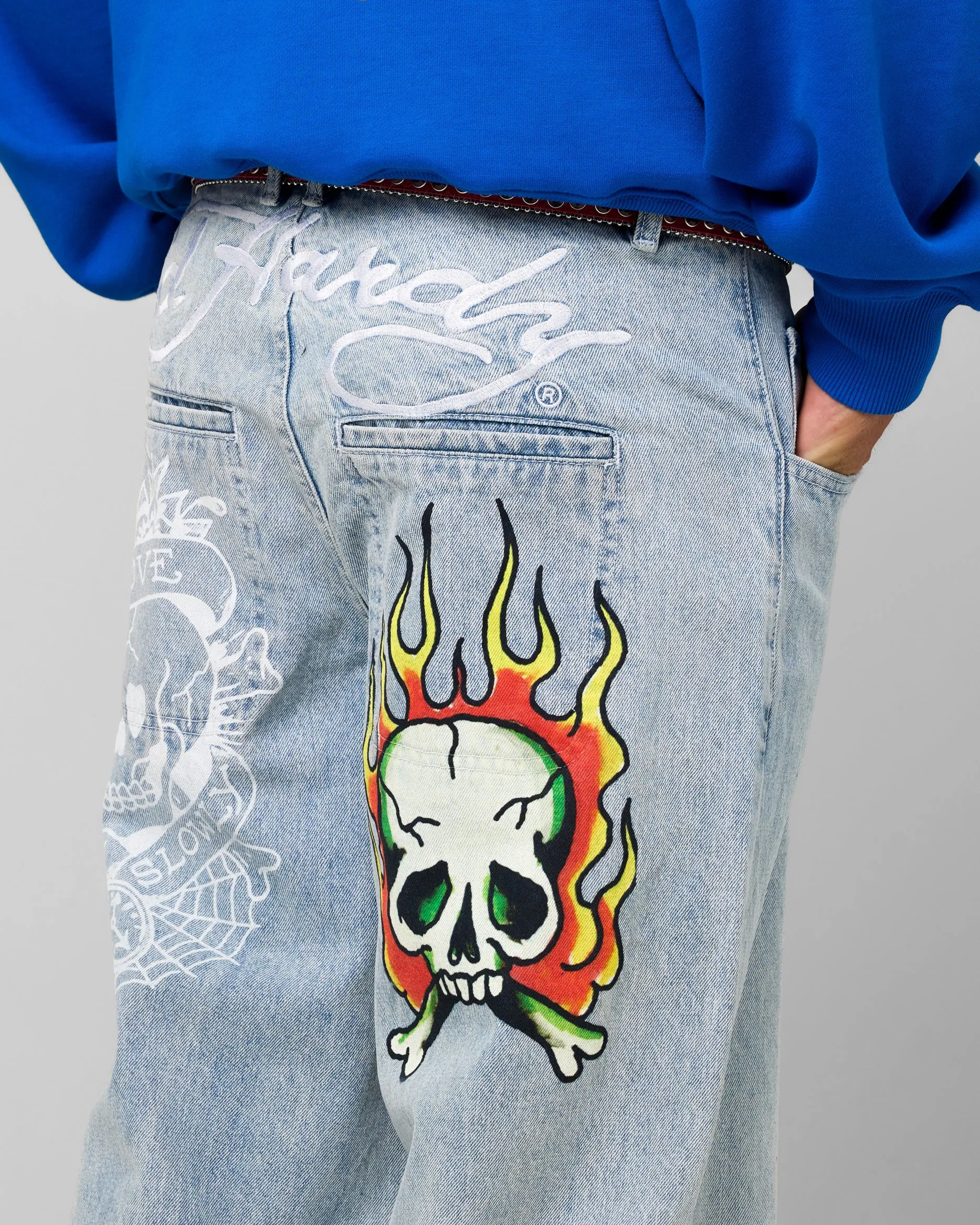 Ed Hardy Wide Leg Skull Jeans Light Blue