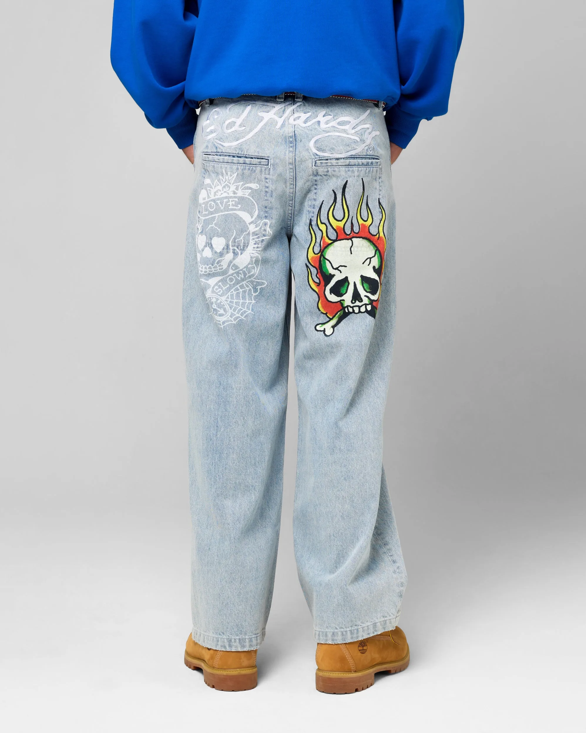 Ed Hardy Wide Leg Skull Jeans Light Blue