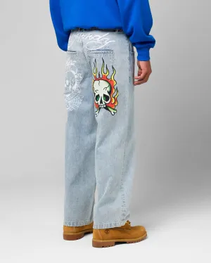 Ed Hardy Wide Leg Skull Jeans Light Blue