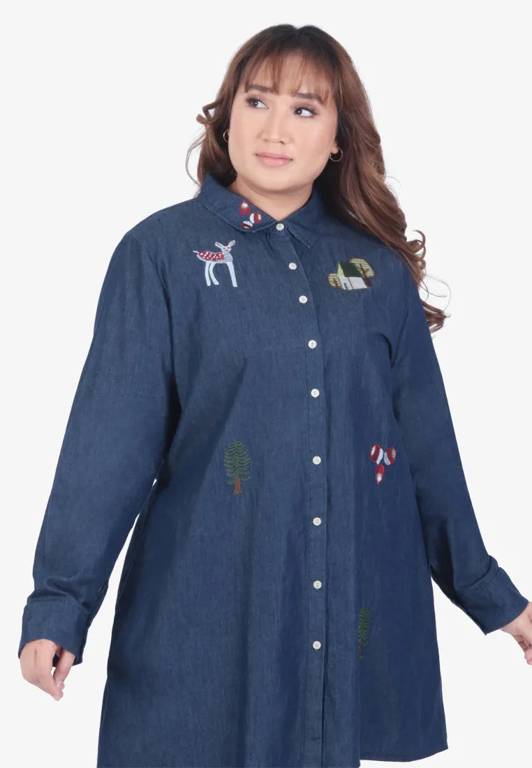 Eloise Quirky Embroidery Denim Shirt - Dark Blue