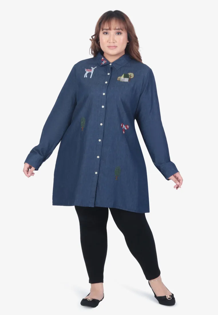 Eloise Quirky Embroidery Denim Shirt - Dark Blue