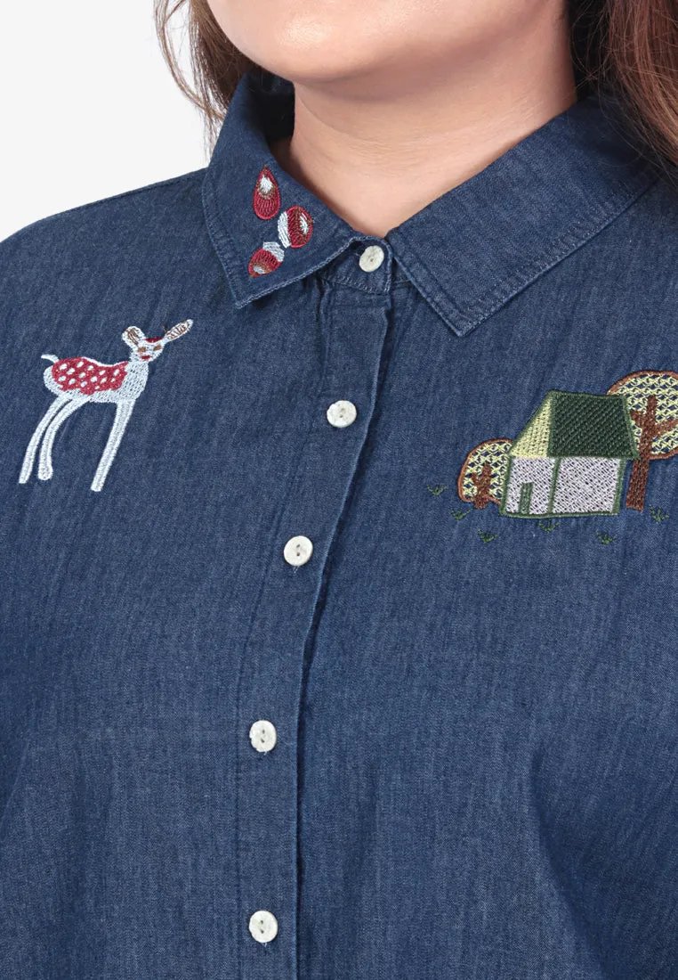 Eloise Quirky Embroidery Denim Shirt - Dark Blue