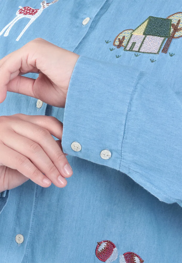 Eloise Quirky Embroidery Denim Shirt - Dark Blue