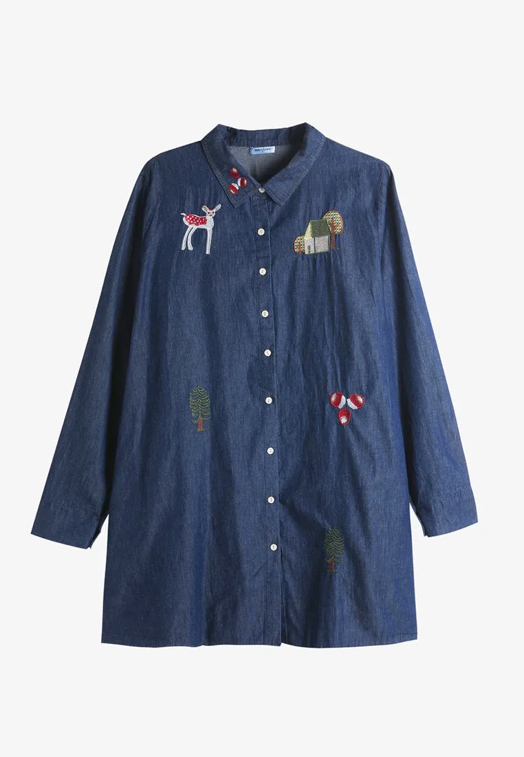 Eloise Quirky Embroidery Denim Shirt - Dark Blue