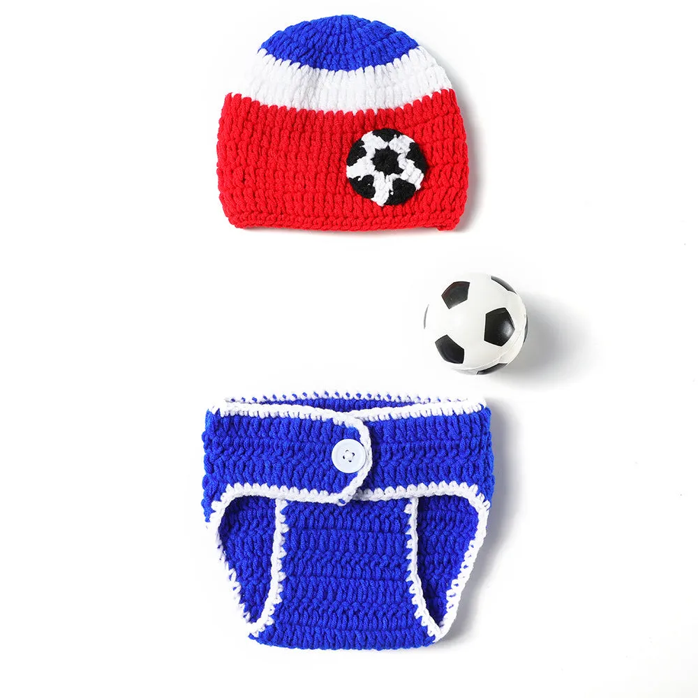 Fancydresswale Infant Football Photography Props Crochet Costume Outfits Red Hat Blue Soccer Outfit for 0-3 Months Newborn Baby Boy Girl