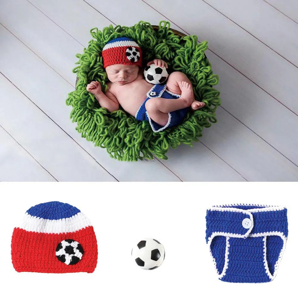 Fancydresswale Infant Football Photography Props Crochet Costume Outfits Red Hat Blue Soccer Outfit for 0-3 Months Newborn Baby Boy Girl