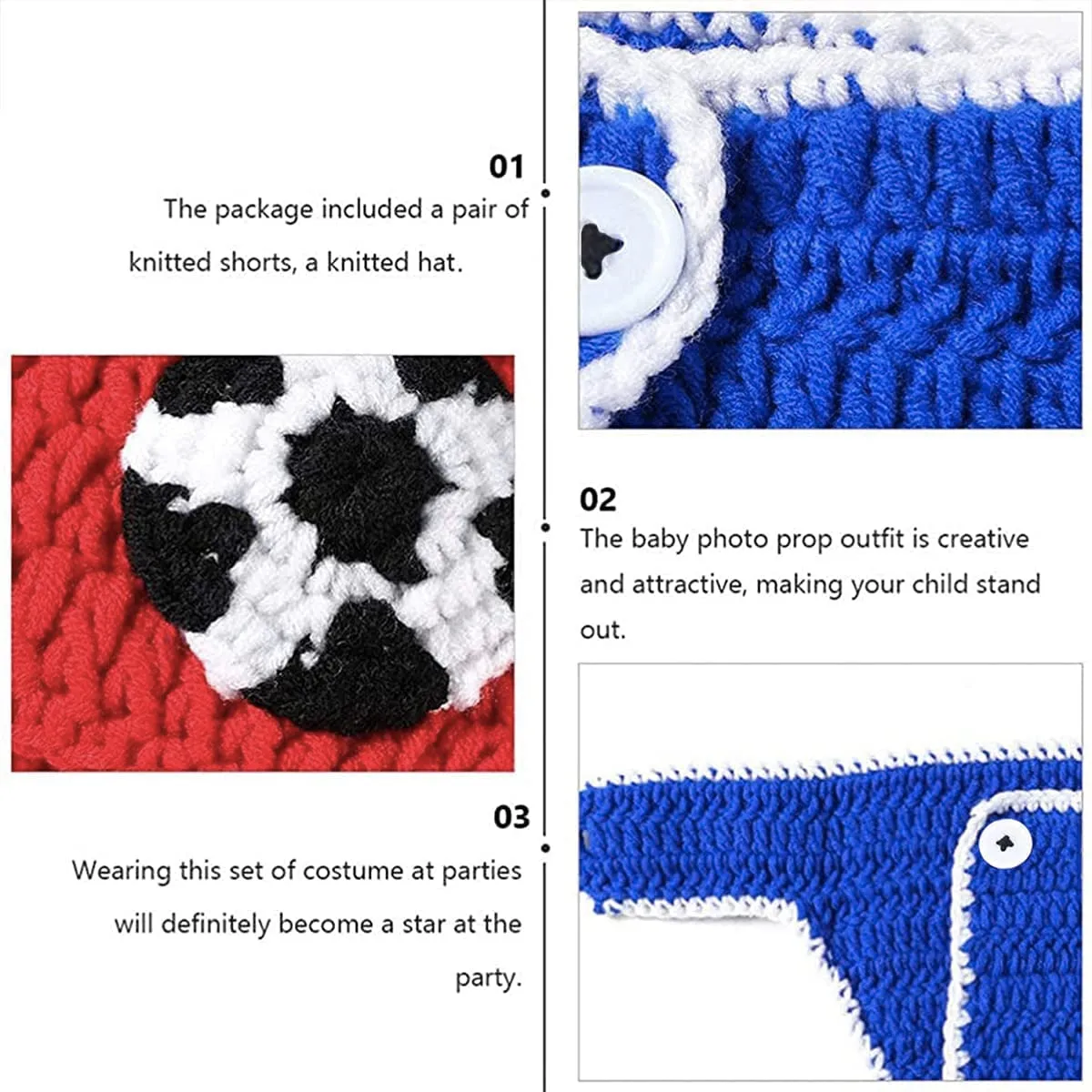 Fancydresswale Infant Football Photography Props Crochet Costume Outfits Red Hat Blue Soccer Outfit for 0-3 Months Newborn Baby Boy Girl