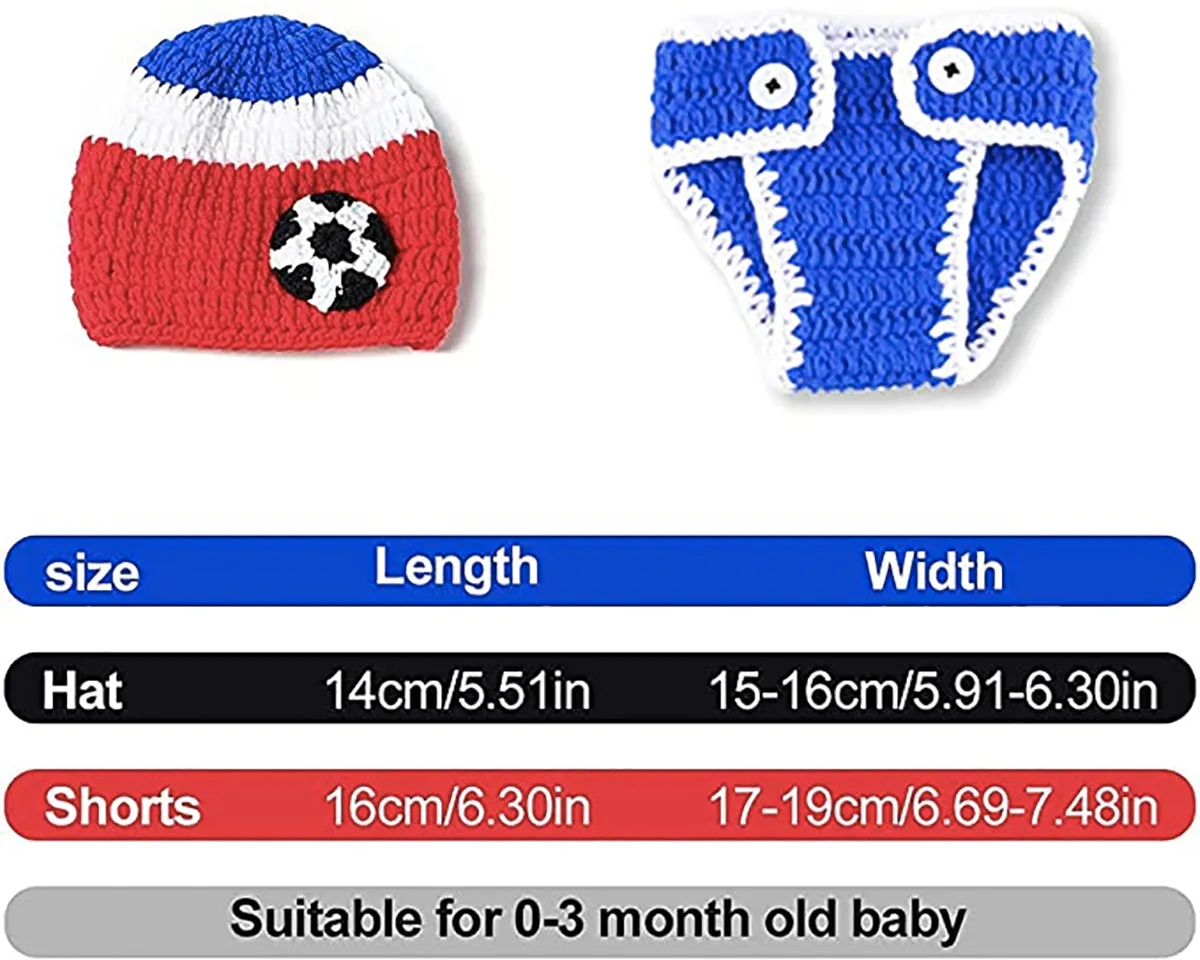 Fancydresswale Infant Football Photography Props Crochet Costume Outfits Red Hat Blue Soccer Outfit for 0-3 Months Newborn Baby Boy Girl