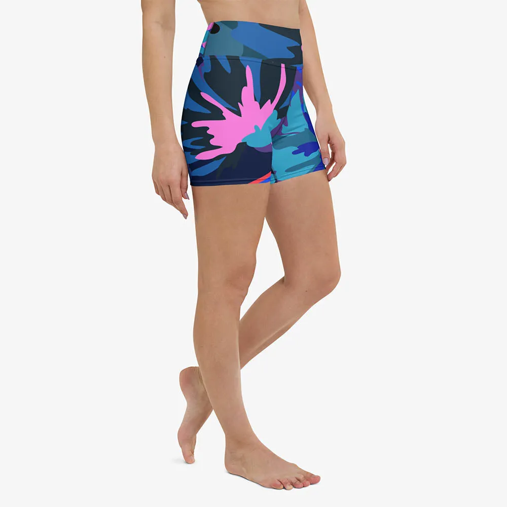 Floral Yoga Shorts "Flower Splash" Blue/Pink