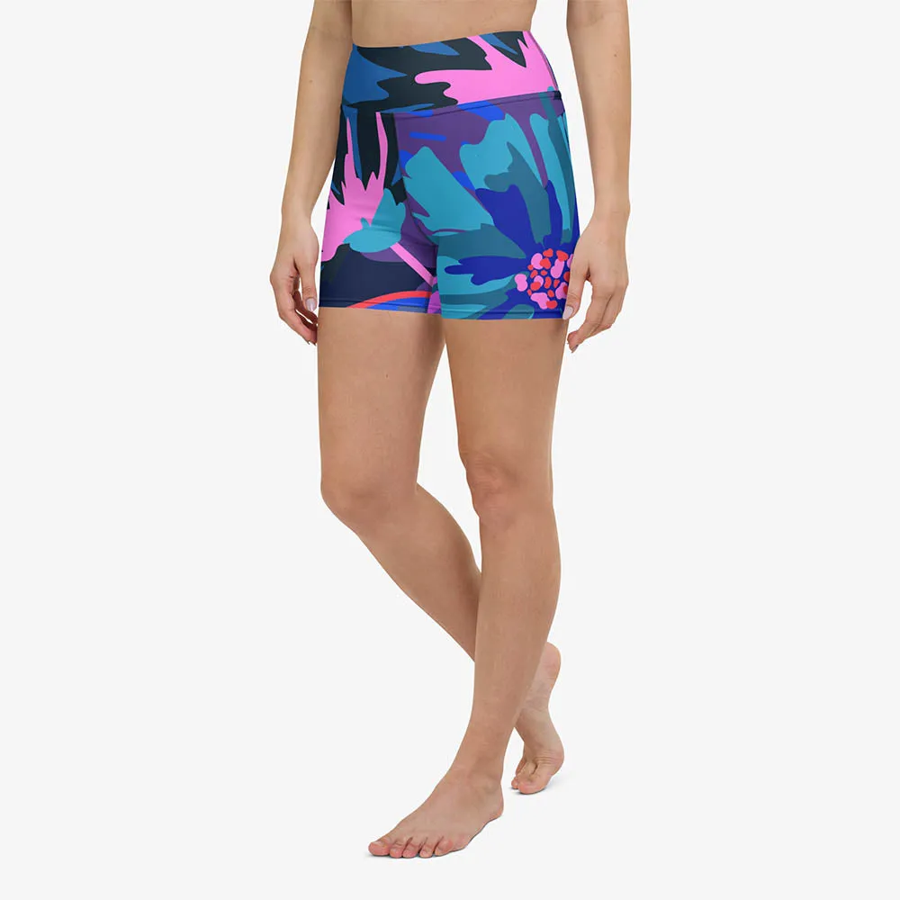 Floral Yoga Shorts "Flower Splash" Blue/Pink