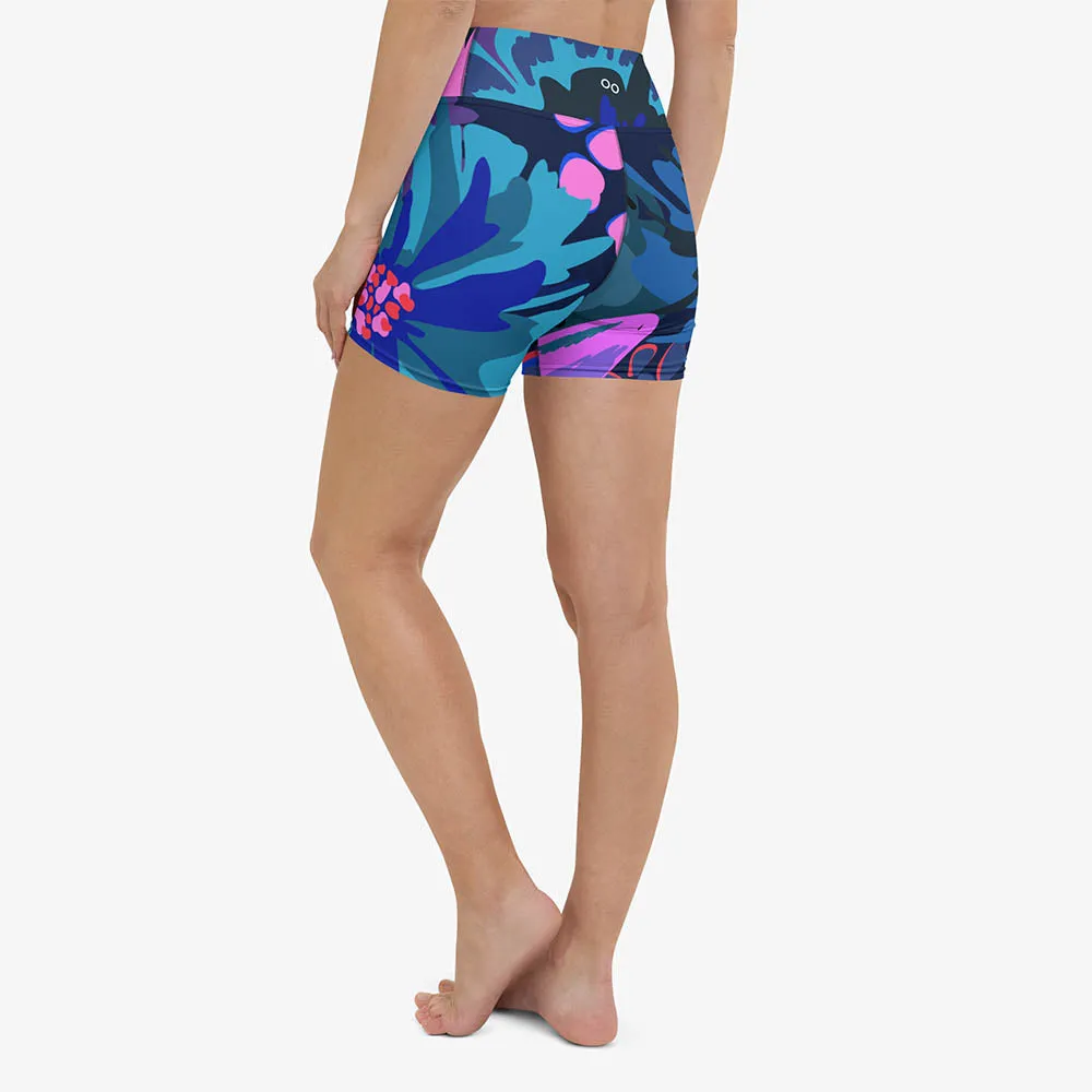 Floral Yoga Shorts "Flower Splash" Blue/Pink