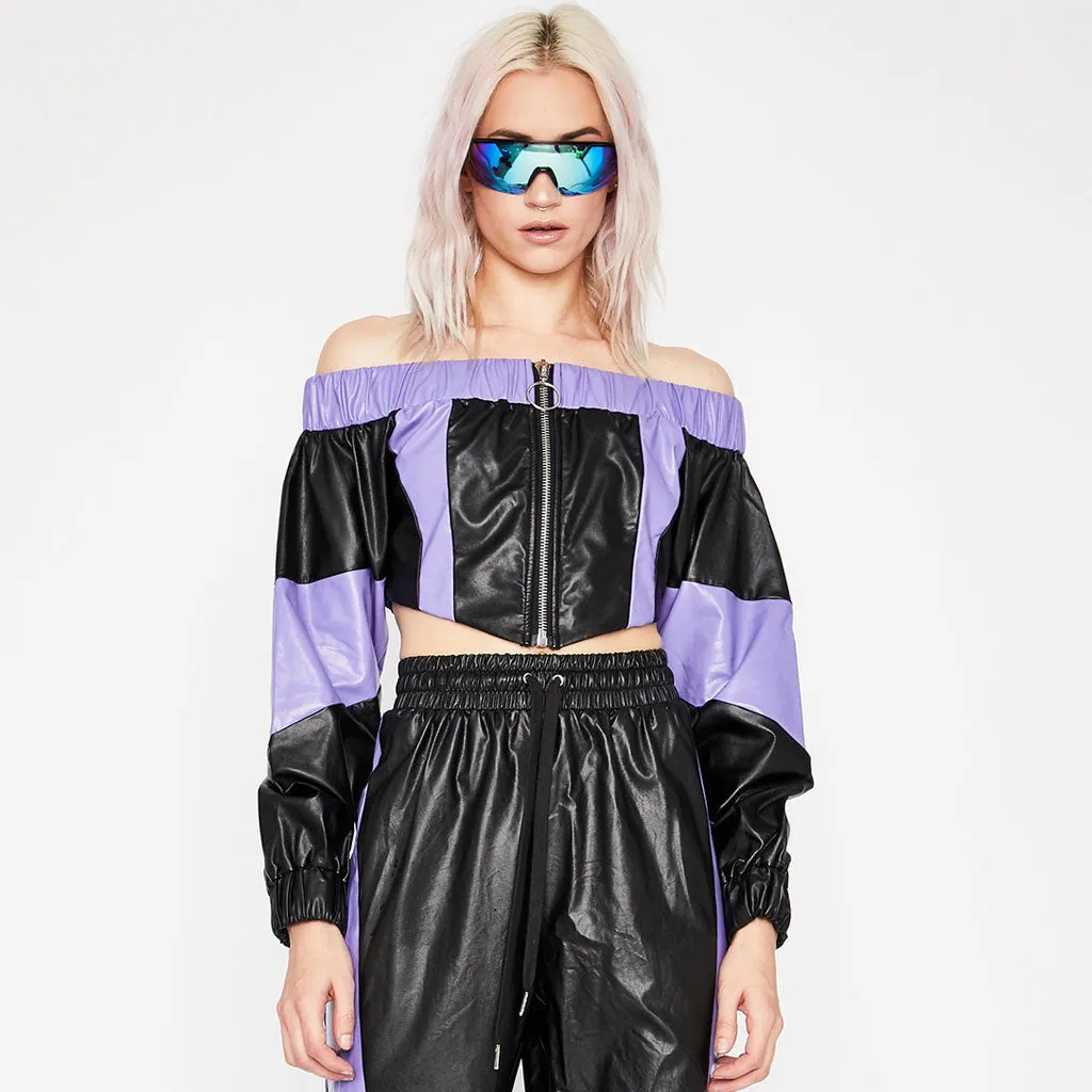 Futuristic Color Block Off Shoulder Zip Front Crop Leather Top - Black