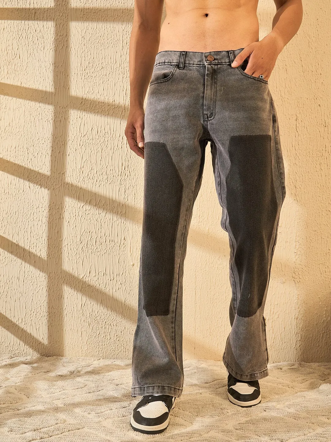 Grey Contrast Patched Flared Zipped Denim