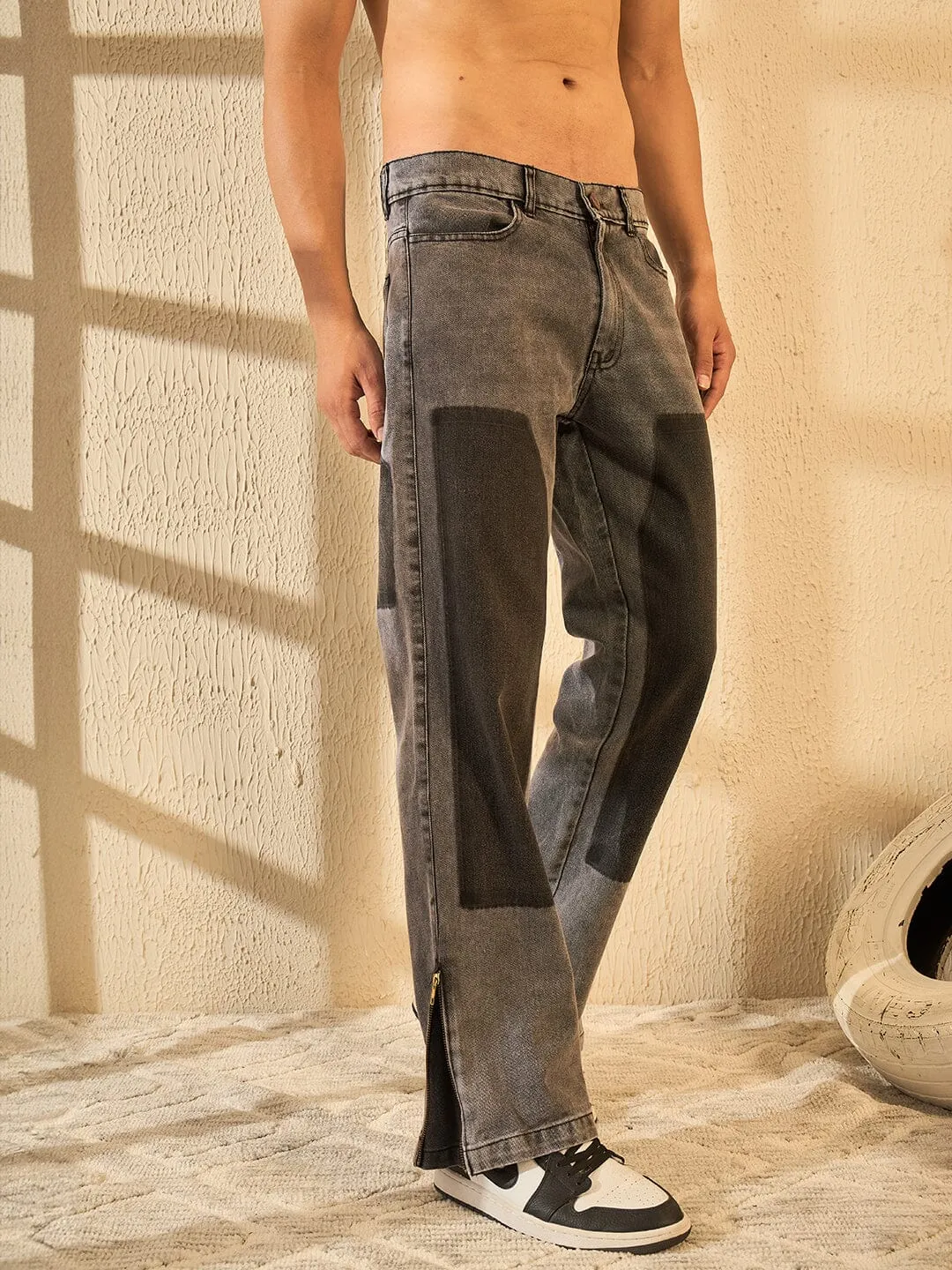 Grey Contrast Patched Flared Zipped Denim