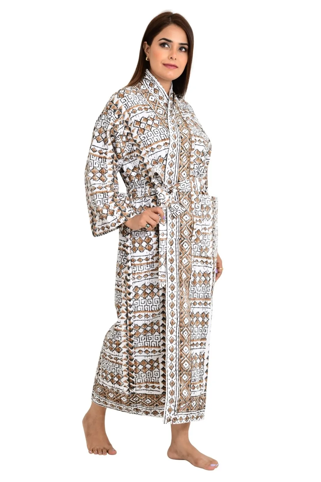 Kantha Stitch 100% Cotton Reversible Long Kimono Women Jacket | Handmade Stitch Robe | Unisex Gift | White Brown Geometric Pattern