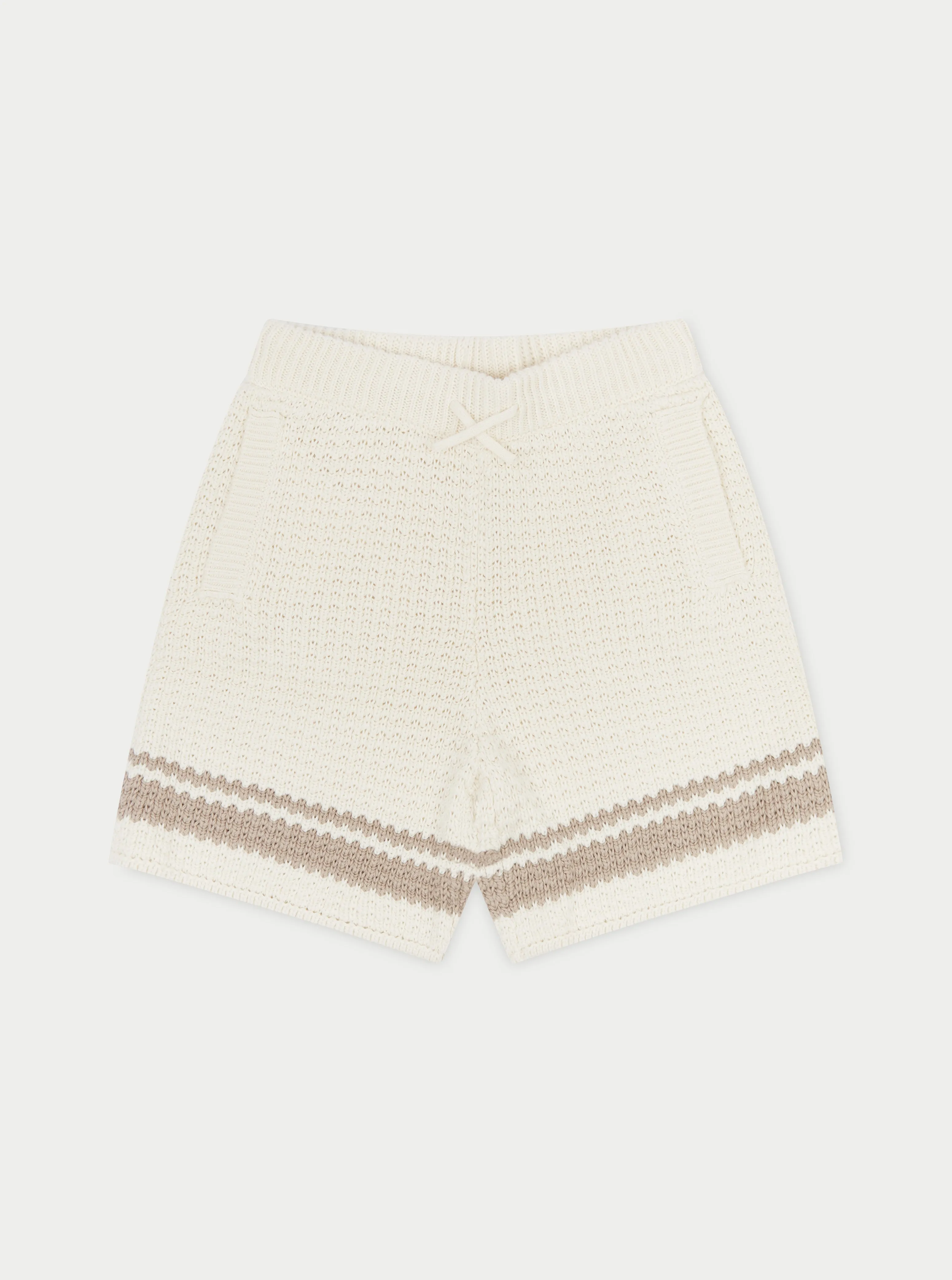 KIDS CROCHET KNITTED CONTRAST STRIPE SHORTS - OFF WHITE