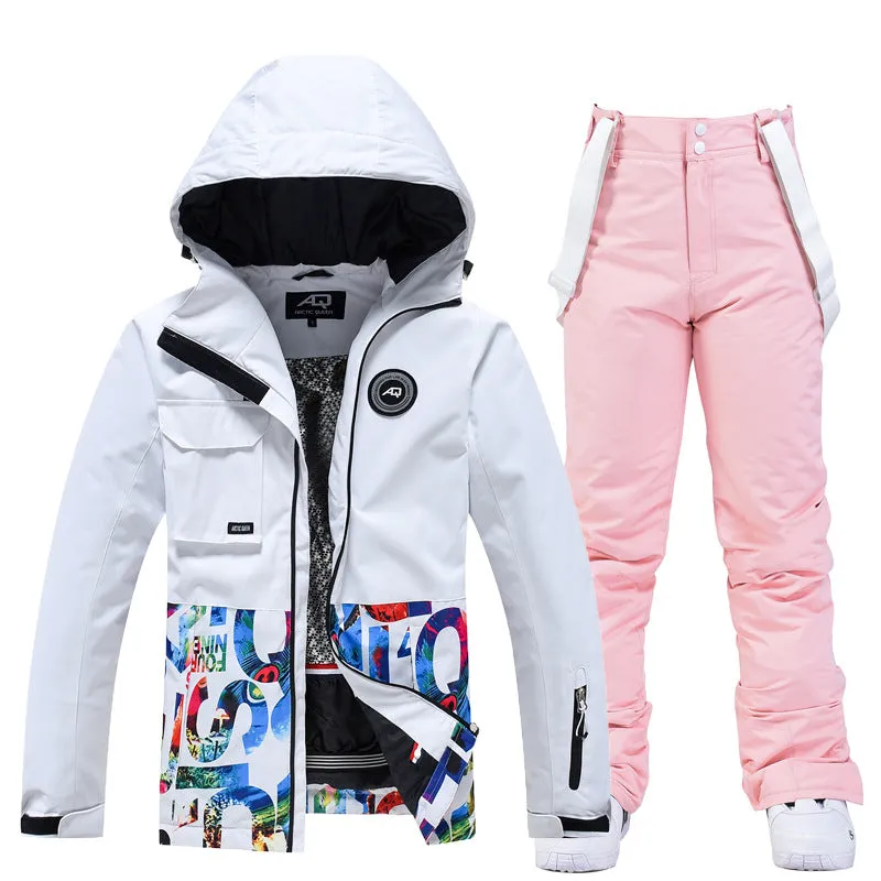 Letter Printed  Ski Jacket and Bib Pants for Women