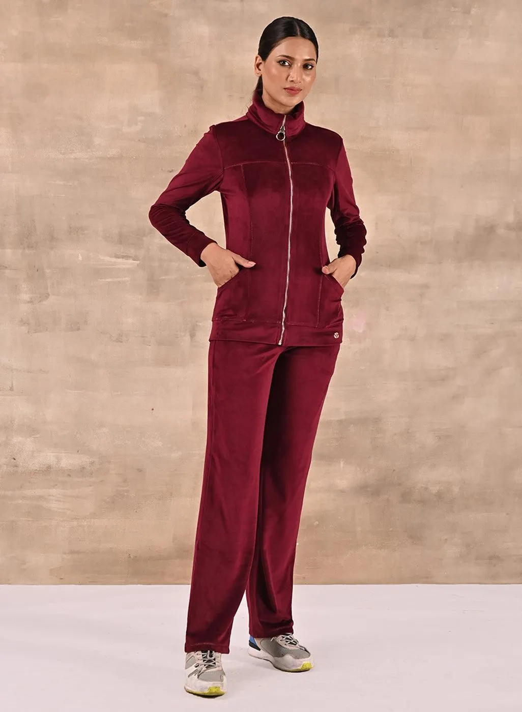 Maroon Track Suit with Spread Collar