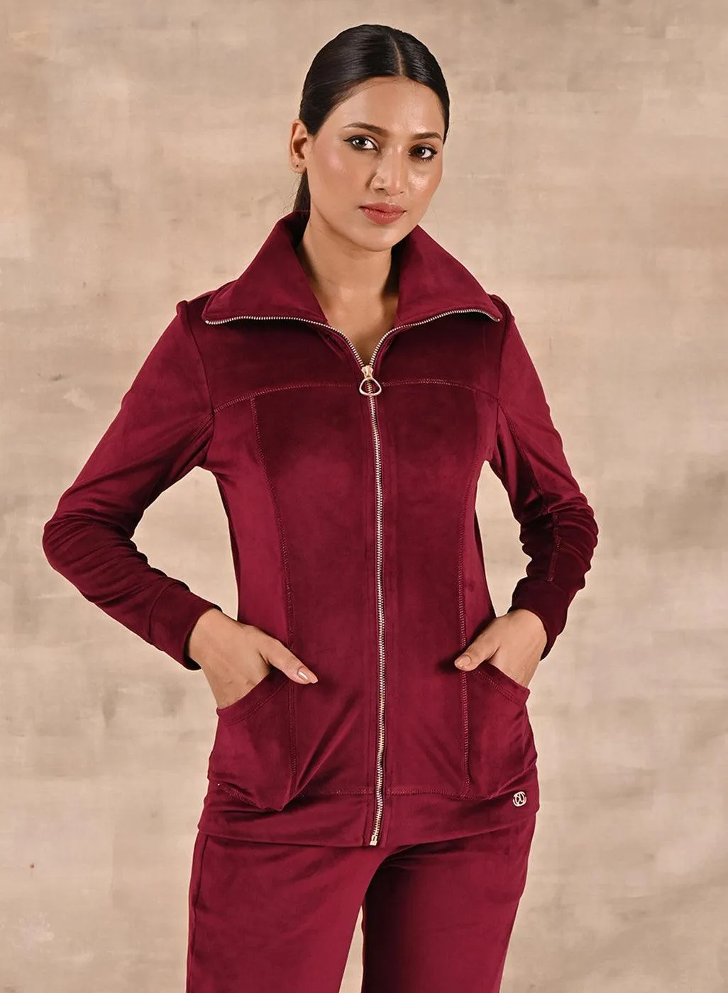 Maroon Track Suit with Spread Collar