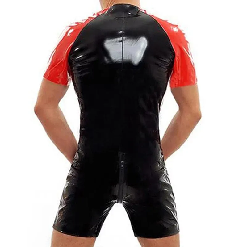 Men’s Pvc Shiny Slim Fitting Bodysuit in Black and Red