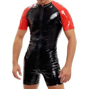 Men’s Pvc Shiny Slim Fitting Bodysuit in Black and Red