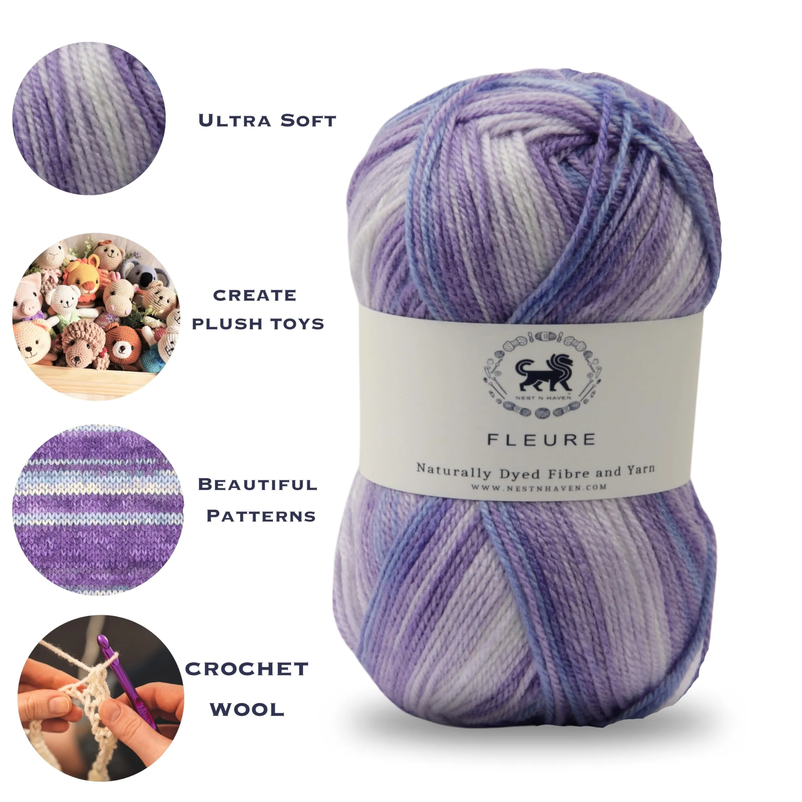 Nestnhaven Acrowools Fleure Hand Knitting and Crochet Yarn. Pack of 1 Ball - 100gms. Shade no - NNHF009, Purple , white