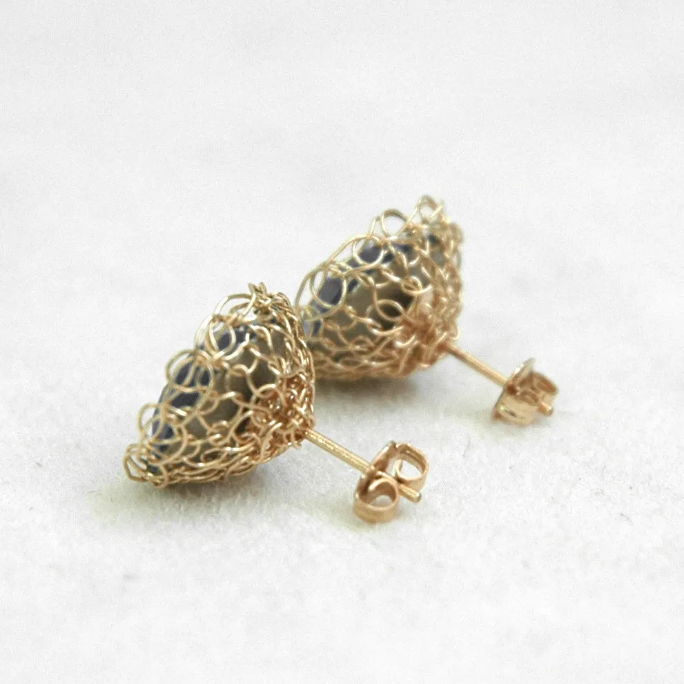 Opal white post earrings , wire crochet gold filed purple earrings