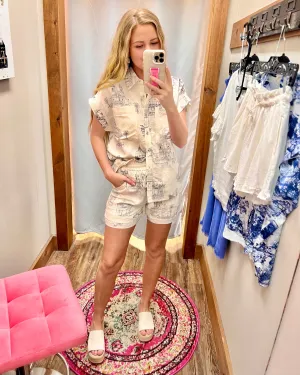 Out Of Town Ivory Scenic Print Linen Blend Button Up Top And High Waist Shorts Set