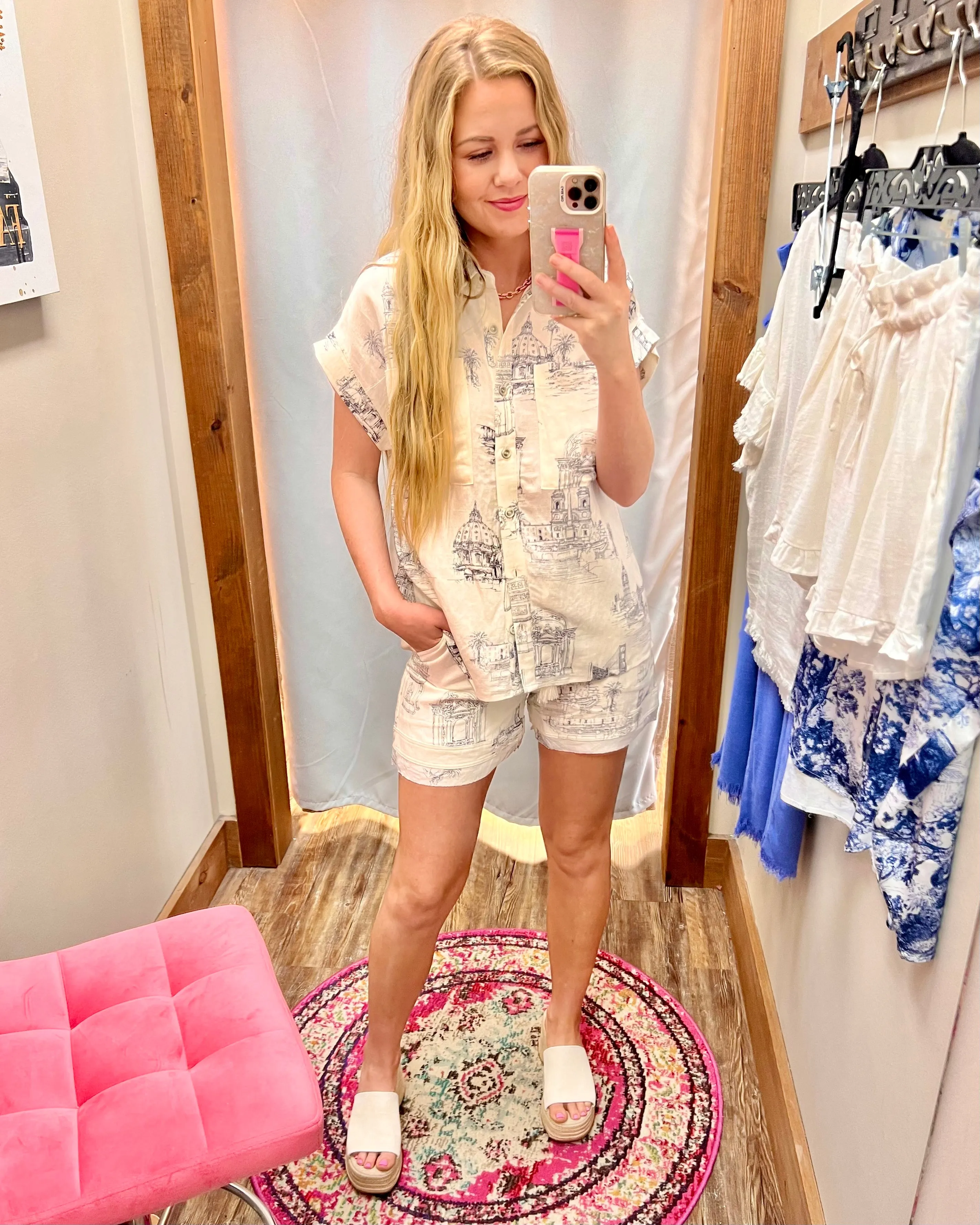 Out Of Town Ivory Scenic Print Linen Blend Button Up Top And High Waist Shorts Set