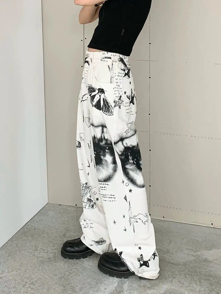 Patchwork Black & White Print Straight-Leg Pants