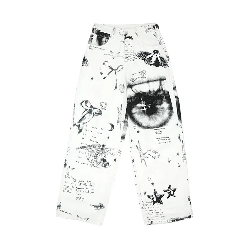 Patchwork Black & White Print Straight-Leg Pants