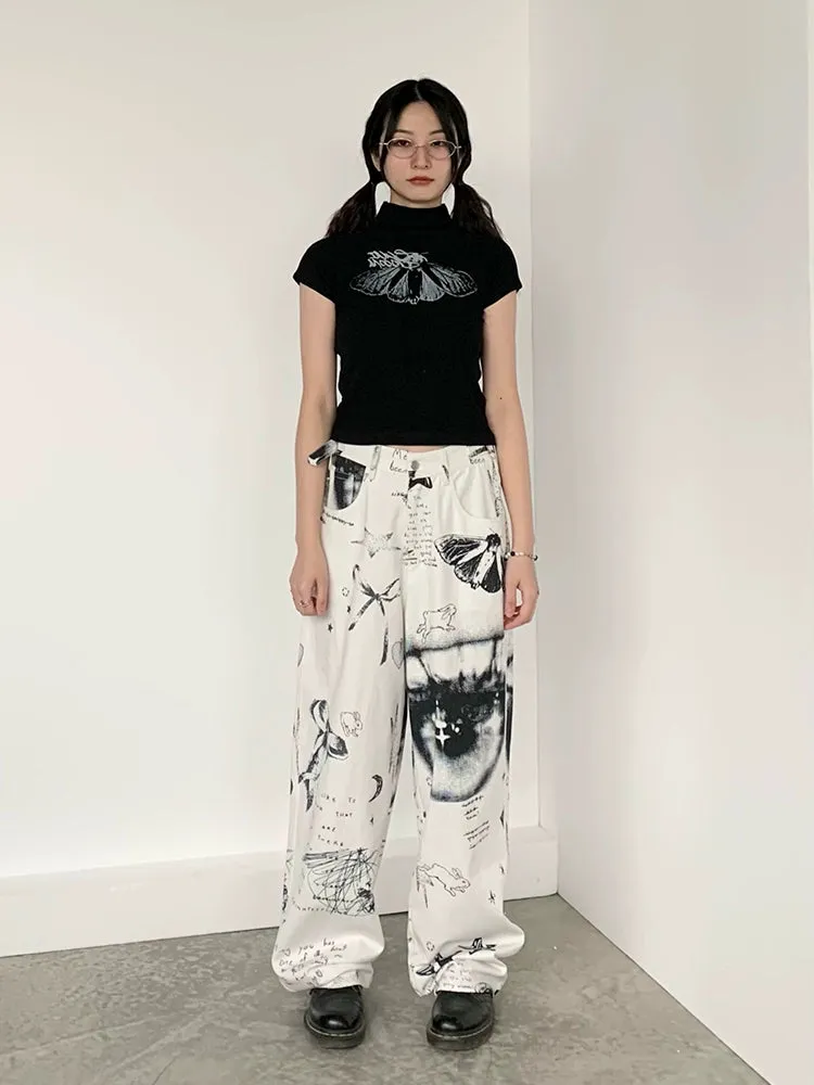 Patchwork Black & White Print Straight-Leg Pants