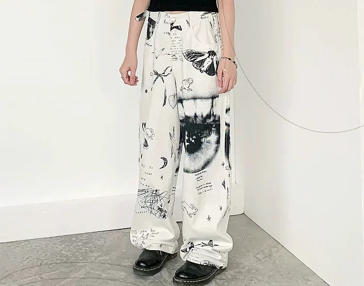 Patchwork Black & White Print Straight-Leg Pants