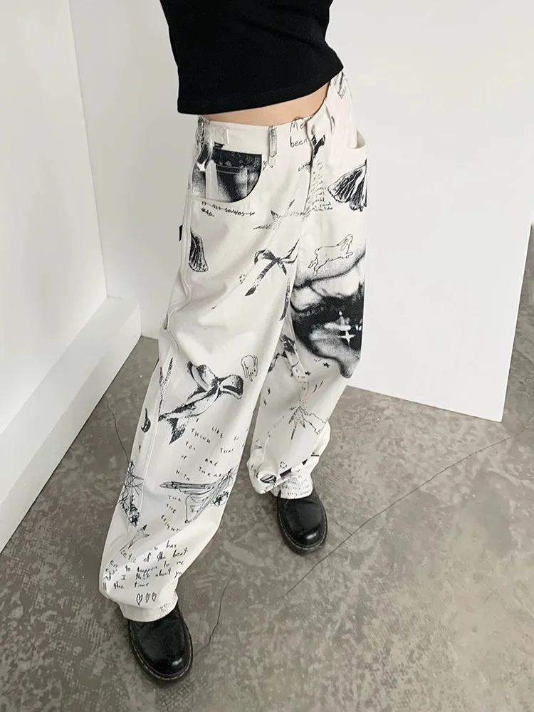 Patchwork Black & White Print Straight-Leg Pants