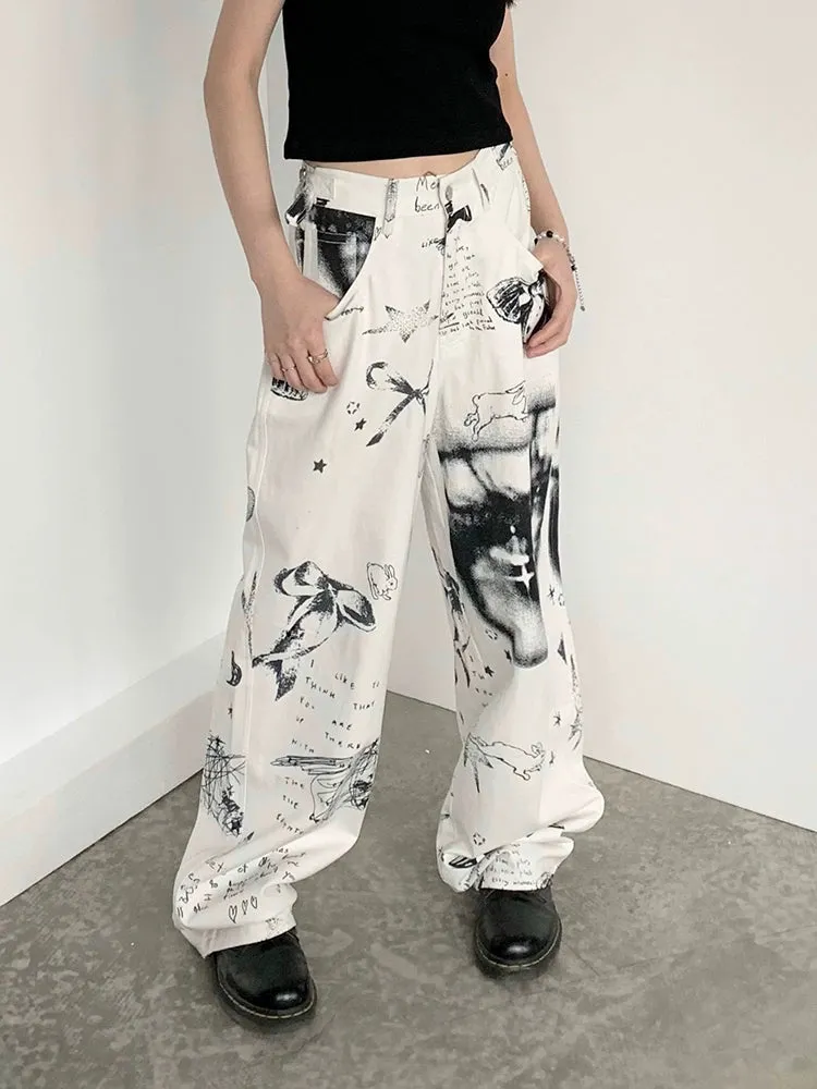 Patchwork Black & White Print Straight-Leg Pants